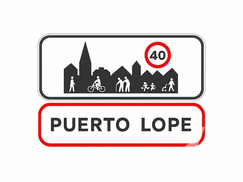 Una señal de prohibición junto a una señal de localización de población,…